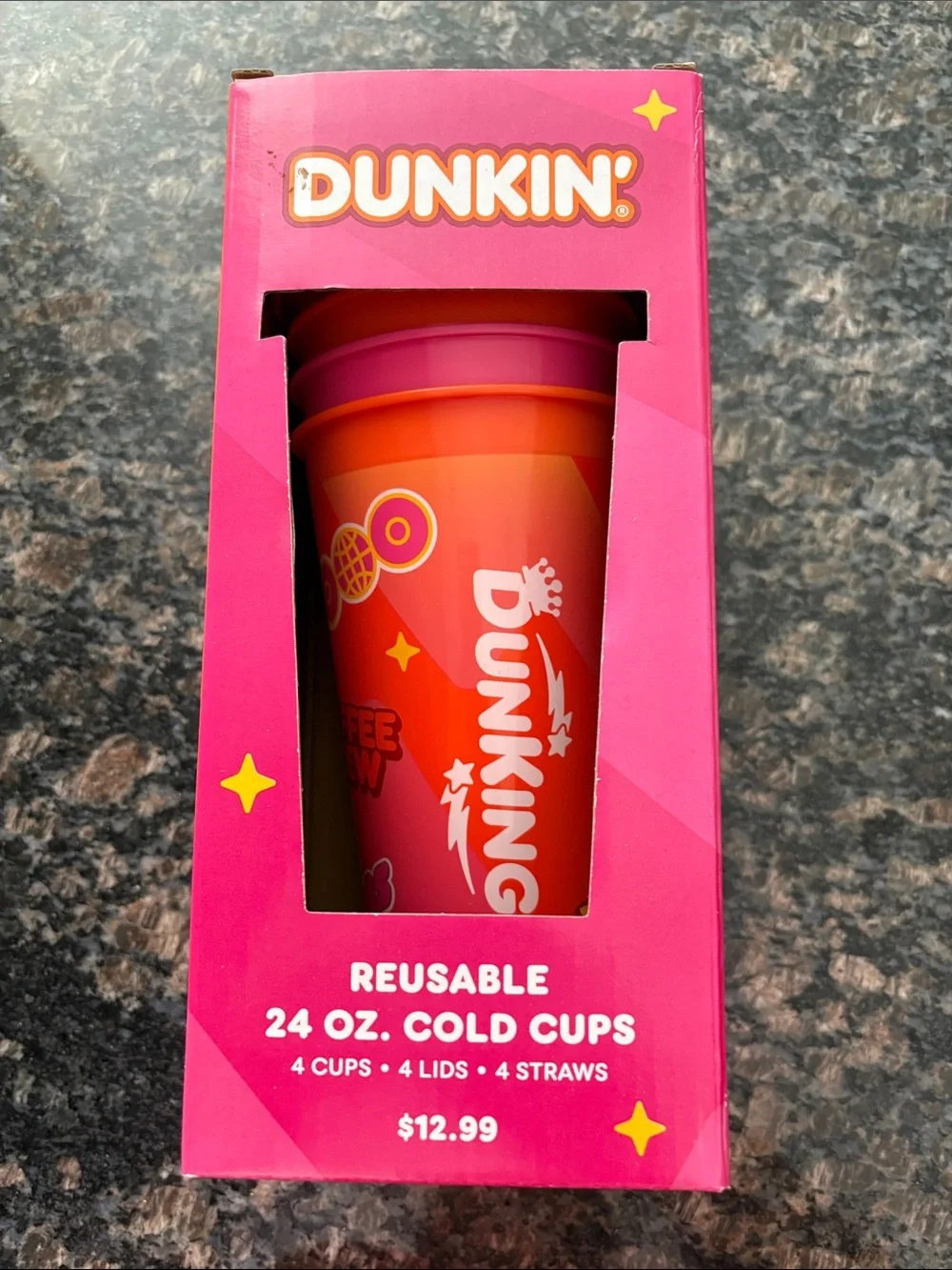 Dunkin' Donuts Reusable Orange & Pink 24 oz. Cold Cup - 4 Pack brand new